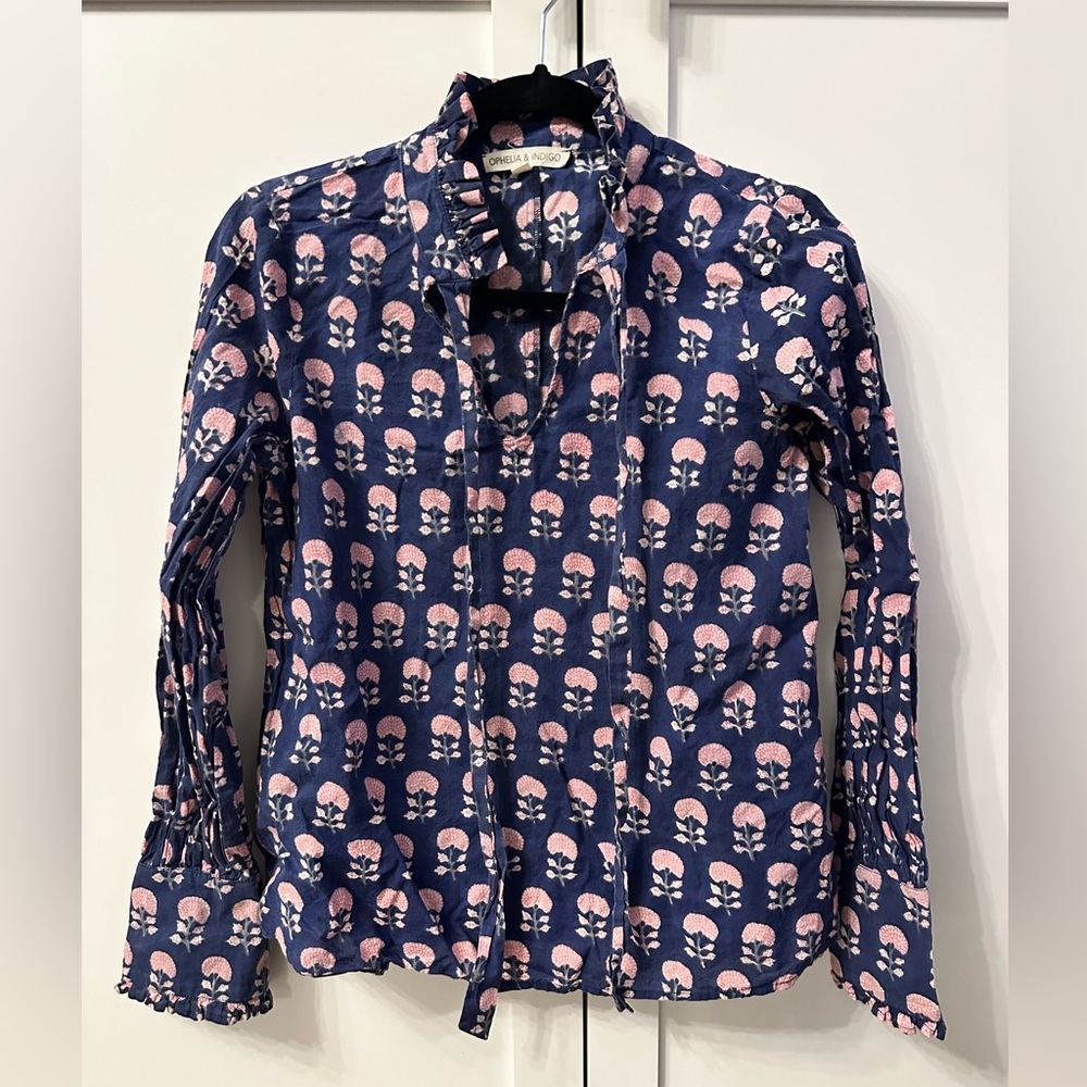 Ophelia & Indigo Bella Blouse Long Sleeve Shirt Navy Hydrangea Block Print XS